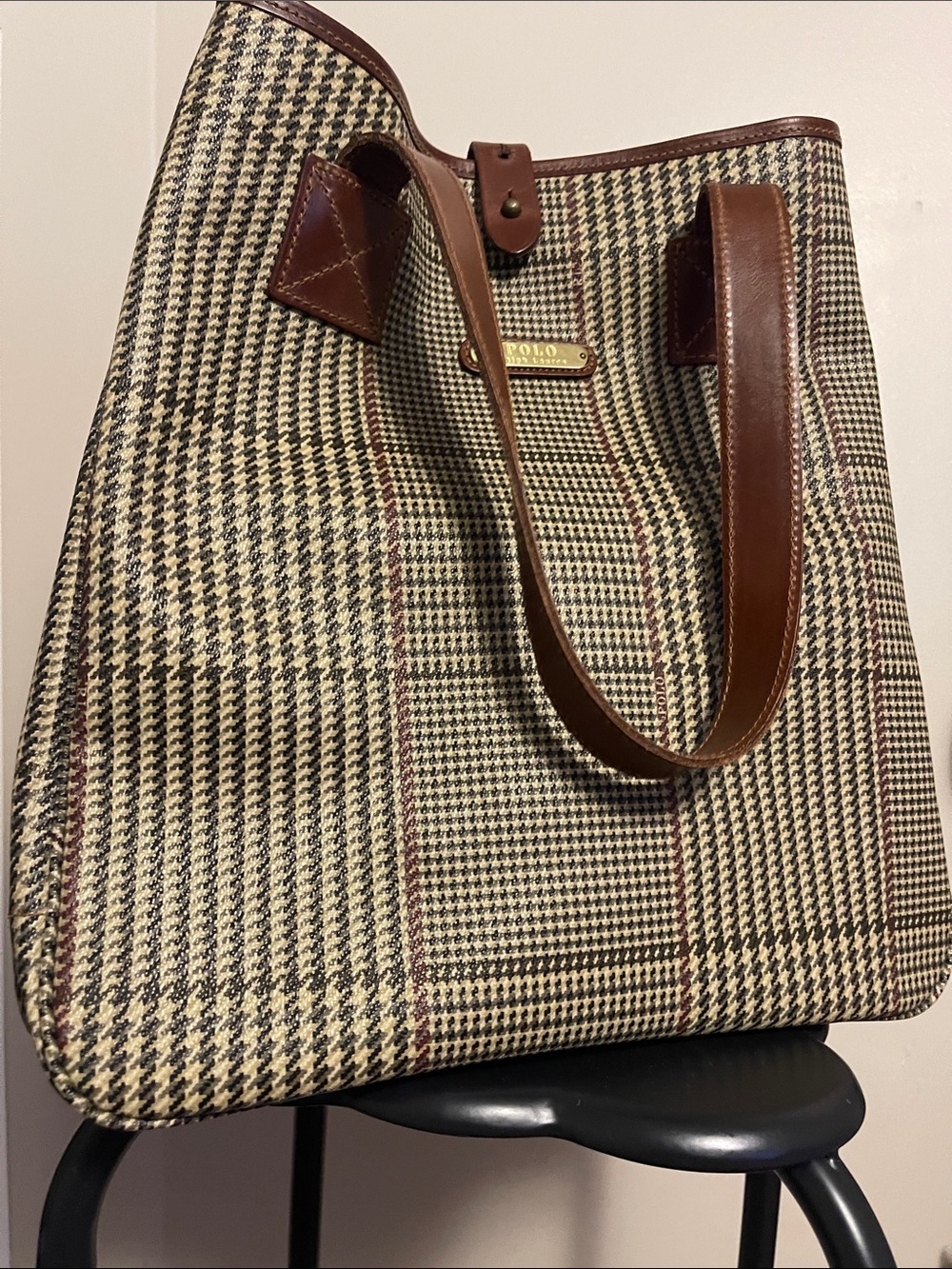 Polo by Ralph Lauren Brown Leather-Trim Houndstooth Tote
